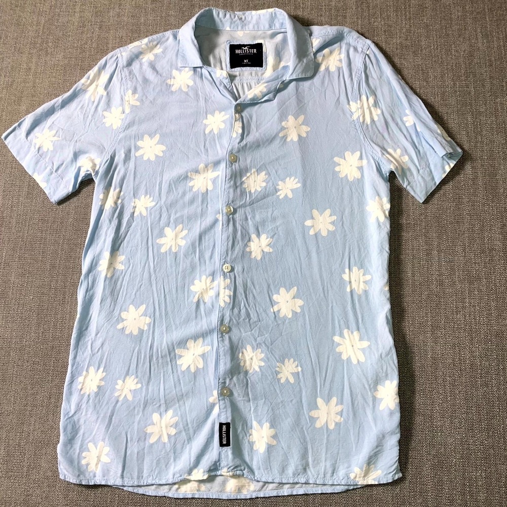 Hollister Shirt Mens M Blue Floral Straight Hem Shirt Sleeve Beach Button‎ Up